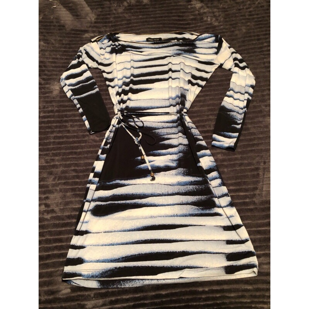 Black, blue, and white print dress